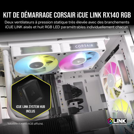 CORSAIR iCUE Link RX140 RGB 140mm Ventilateurs PWM avec Hub Système iCUE Link - Roulement à Dôme Magnétique - Dual Pack - Blanc