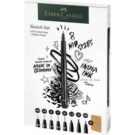 Faber-Castell 267102 - Sketch Set 9 pièces, avec carnet de croquis et crayons à encre de Chine Pitt Artist Pen