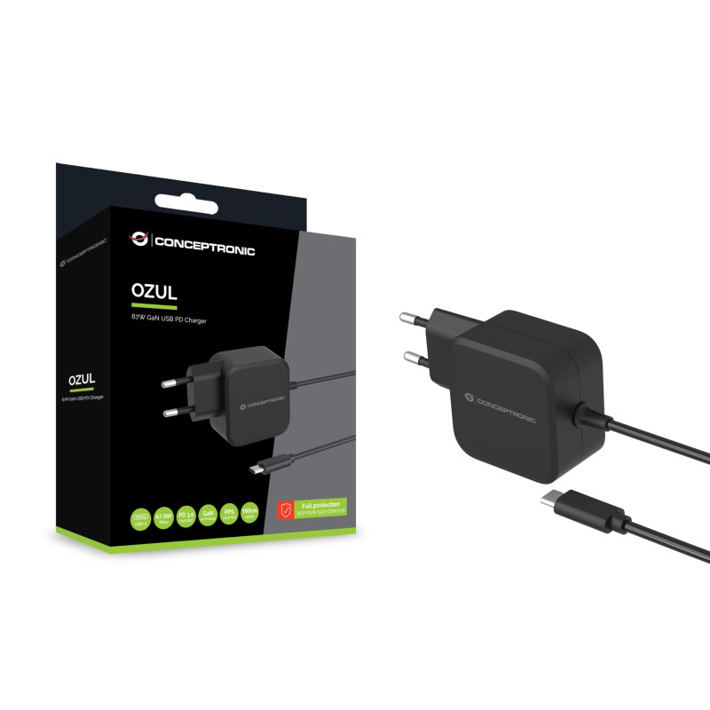 CONCEPTRONIC OZUL04BE Chargeur PD USB 67W GaN, câble USB-C intégré CONCEPTRONIC OZUL04BE Chargeur PD USB 67W GaN, câble USB-C intégré