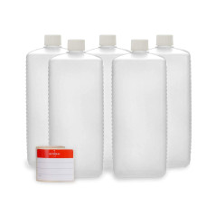 Octopus Bouteilles en Plastique 5 x 1000 ML, PE-HD avec Bouchon à Vis Blanc, Carrées, Vides - 5 Étiquettes Incluses