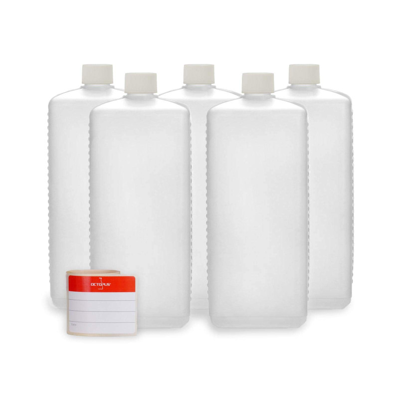 Octopus Bouteilles en Plastique 5 x 1000 ML, PE-HD avec Bouchon à Vis Blanc, Carrées, Vides - 5 Étiquettes Incluses