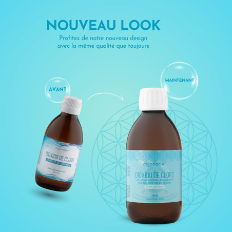 DIOXNATUR® Dioxyde de chlore 3000 ppm CDS 250 ml. Seringue de 10 ml incluse. Étiquette FR. Bouteille en verre ambré avec compte-