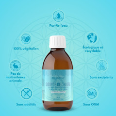DIOXNATUR® Dioxyde de chlore 3000 ppm CDS 250 ml. Seringue de 10 ml incluse. Étiquette FR. Bouteille en verre ambré avec compte-