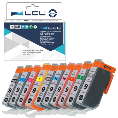 LCL Cartouche d'encre Compatible PGI9 PGI9E PGI-9 (10-Pack PBK MBK C M Y PC PM G R GY) Remplacement pour Canon Pixma Pro9500 Pro