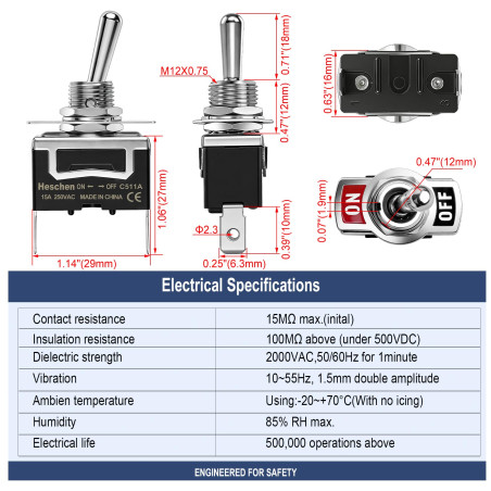 Heschen Interrupteur à bascule en métal, C511A, SPST 2 positions 15 A 250 VCA, 2 connecteurs plats, Avec couvercle étanche,CE (1