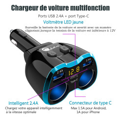 Allume Cigare USB Adaptateur 2-Prise, Prise De Voiture 3 Ports Chargeur De Voiture Type C Multi Prise De Courant 12V/24V 80W Ada