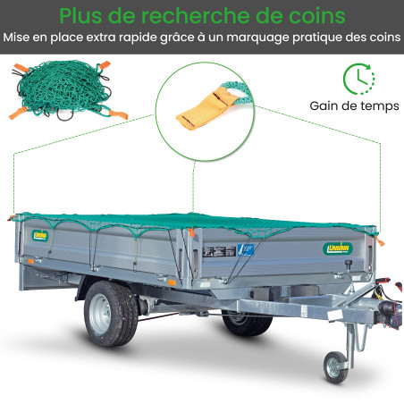 CargoVA® Filets de Remorque 220x150 cm - Filet de remorque avec Corde en Caoutchouc et marquage des Coins - Bache Remorque pour