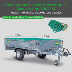 CargoVA® Filets de Remorque 220x150 cm - Filet de remorque avec Corde en Caoutchouc et marquage des Coins - Bache Remorque pour 