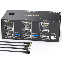 Switch KVM 2 PC 3 moniteurs 8K@60Hz 4K@144Hz, commutateur KVM triple moniteur DisplayPort + HDMI et 4 ports USB 3.0 pour 2 PC Sh