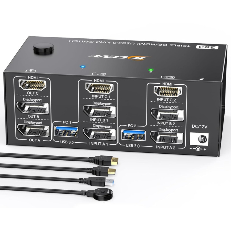Switch KVM 2 PC 3 moniteurs 8K@60Hz 4K@144Hz, commutateur KVM triple moniteur DisplayPort + HDMI et 4 ports USB 3.0 pour 2 PC Sh