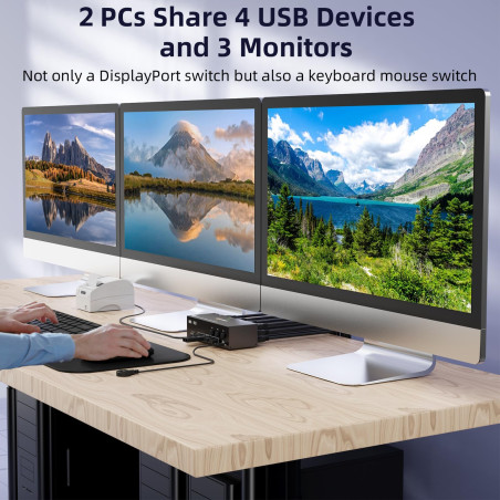 Switch KVM 2 PC 3 moniteurs 8K@60Hz 4K@144Hz, commutateur KVM triple moniteur DisplayPort + HDMI et 4 ports USB 3.0 pour 2 PC Sh
