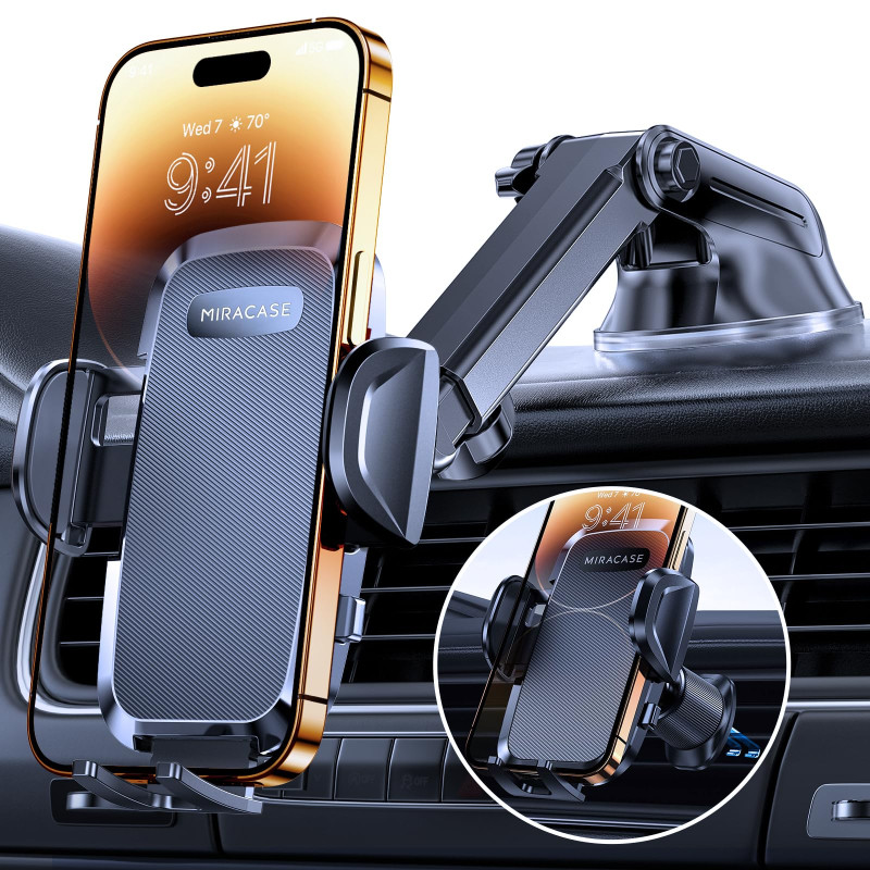Miracase Support Telephone Voiture [Rotation 360°& Ventouse Puissante] Porte Telephone Voiture Grille D'aération & Pare-Brise & 