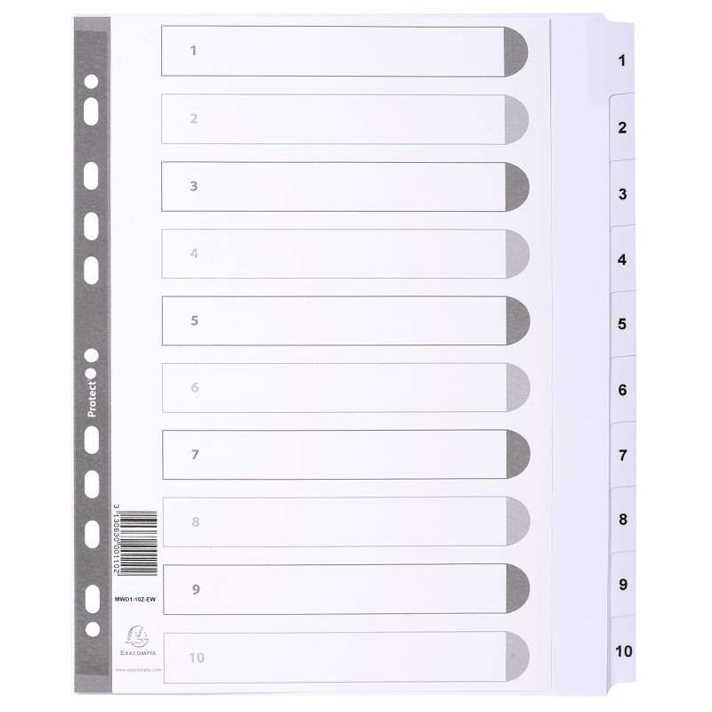 Exacompta - Réf. MWD1-10Z-EW - Intercalaires en carte blanche 160g/m2 FSC® avec 10 onglets imprimés numériques de 1 à 10 et plas Exacompta - Réf. MWD1-10Z-EW - Intercalaires en carte blanche 160g/m2 FSC® avec 10 onglets imprimés numériques de 1 à 10 et plas