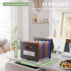ThinkTex Trieur A4, 12 Compartiments Trieur Document, Rangement Papier Administratif, Range Document avec Intercalaire, Support