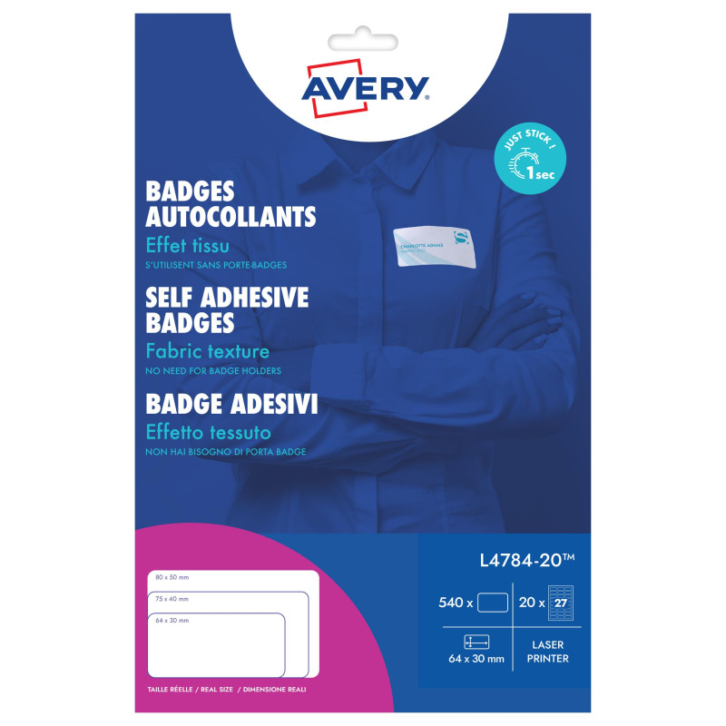 Avery - 540 badges adhésifs en soie d'acétate Laser blanches 63,5 x 29,6 mm - badges autocollants textiles à personnaliser facil Avery - 540 badges adhésifs en soie d'acétate Laser blanches 63,5 x 29,6 mm - badges autocollants textiles à personnaliser facil