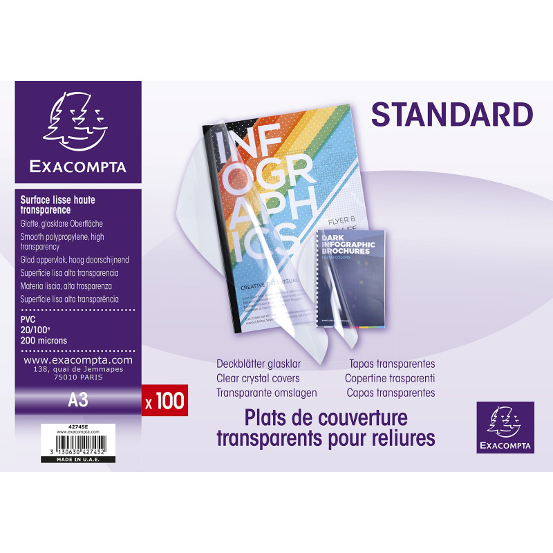 Exacompta - Réf. 42745E - Paquet de 100 plats en PVC 20/100ème cristal lisse haute transparence pour couvertures transparentes - Exacompta - Réf. 42745E - Paquet de 100 plats en PVC 20/100ème cristal lisse haute transparence pour couvertures transparentes -