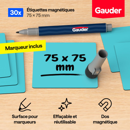 GAUDER Étiquettes Magnétiques Inscriptibles | (75 x 75 mm) Cartes Magnétiques Effaçables | Pour Tableaux Kanban et Blanc