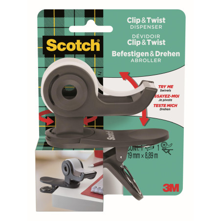 Scotch Dévidoir de Ruban Clip&Twist C19, Gris, Rechargeable + 1 Rouleau de Ruban invisible Scotch Magic, 19 mm x 8,89 m - Idéal 