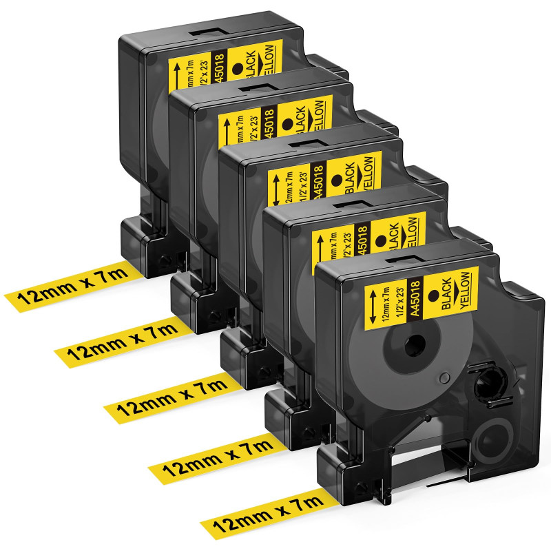 Upwinning 45018 Ruban Jaune 12mm x 7m Compatible avec Dymo Ruban D1 12mm x 7m 45018 S0720580 Noir sur Jaune, Recharge D1 Ruban C