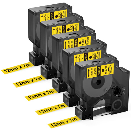 Upwinning 45018 Ruban Jaune 12mm x 7m Compatible avec Dymo Ruban D1 12mm x 7m 45018 S0720580 Noir sur Jaune, Recharge D1 Ruban C