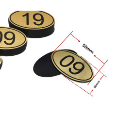 Numéros de table ovales en ABS gravés 30 mm x 50 mm Pubs Restaurant Clubs 1 to 50 doré