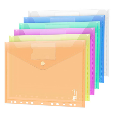 24 Pochette Plastique A4-6 Couleurs des Pochettes Transparentes pour Classer les Documents avec Pochette à Étiquettes, Pochette