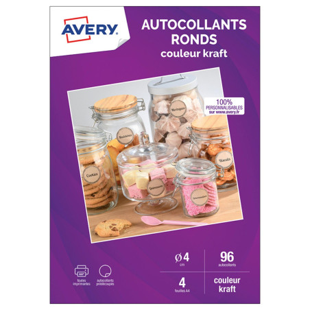 AVERY - 96 Autocollants Kraft Ronds Personnalisables - 100% Recyclés - Diamètre de 40 mm - Impression Jet d’Encre