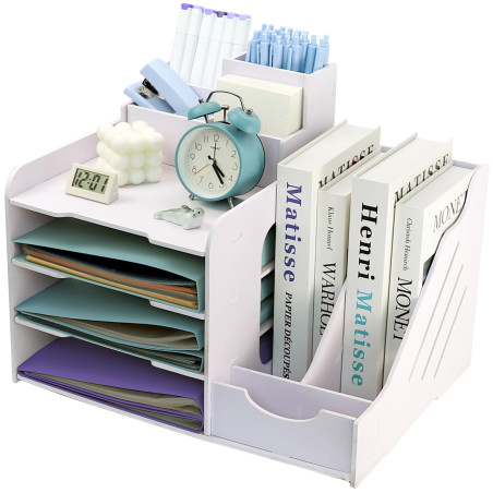 7-Compartiment Bac à Courrier Empilable, Corbeille à Courrier, A4 Organisateur de Bureau Bois Plastique, Plateau de Papier Blanc