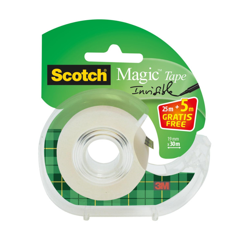 Ruban invisible Scotch Magic, 19 mm x 25 m, 1 rouleau sur le dévidoir manuel/paquet + 5 m GRATUIT