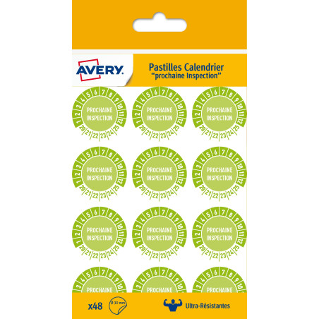 Avery - Sachet de 48 Pastilles "Prochaine Inspection" + 12 Mois + Années 20 À 25, Ultra-Résistantes Et Souples, 30 mm de Diamètr