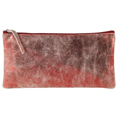 Clairefontaine 410069C - Trousse Scolaire Plate en Cuir/Daim Rouge Effet Irisé 22x11 cm en Véritable Cuir d'Agneau - Fourniture 
