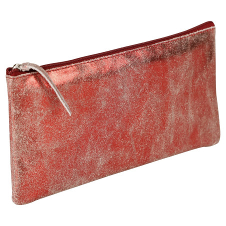 Clairefontaine 410069C - Trousse Scolaire Plate en Cuir/Daim Rouge Effet Irisé 22x11 cm en Véritable Cuir d'Agneau - Fourniture 