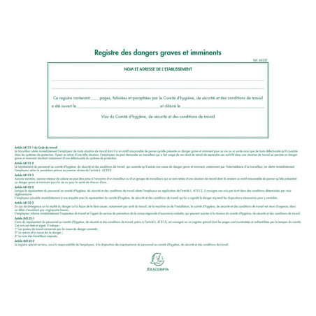 Exacompta - Réf. 6622E - 1 Registre des dangers graves et imminents conforme à la législation - Pour les réprésentants du C.S.E.