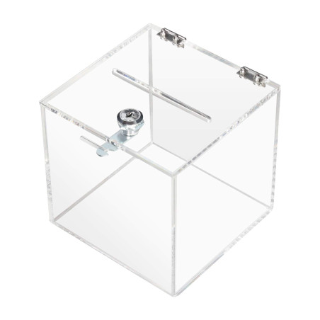HMF 46919 Boîte à dons en acrylique avec serrure | Cube boîte à lots | 15 x 15 x 15 cm | DIN A6 | Transparent
