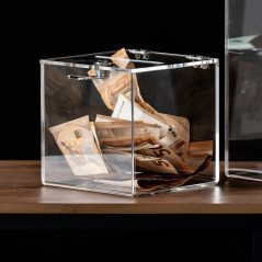 HMF 46919 Boîte à dons en acrylique avec serrure | Cube boîte à lots | 15 x 15 x 15 cm | DIN A6 | Transparent