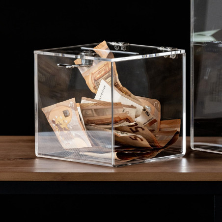 HMF 46919 Boîte à dons en acrylique avec serrure | Cube boîte à lots | 15 x 15 x 15 cm | DIN A6 | Transparent