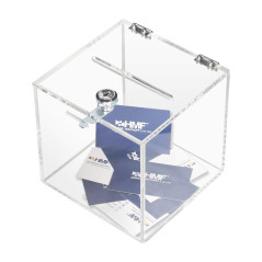 HMF 46919 Boîte à dons en acrylique avec serrure | Cube boîte à lots | 15 x 15 x 15 cm | DIN A6 | Transparent