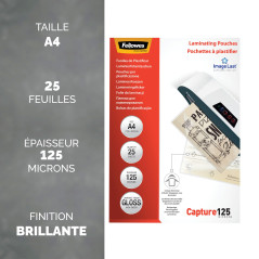 FELLOWES Boîte de 25 pochettes de plastification format A4, 2x 125 microns