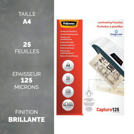 FELLOWES Boîte de 25 pochettes de plastification format A4, 2x 125 microns