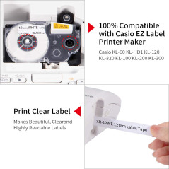Invoker étiquettes compatible pour Casio XR-12WE XR-12WE1 Ruban 12mm x 8m, pour Casio KL-60 70e 100 100e 120 200E 300 750 780 82