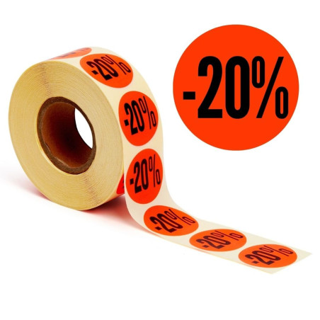 POKORNYS - Étiquettes promotionnelles « -20% » I Stickers pour marchandises à prix réduit I Lot de 1.000 autocollants de rabais