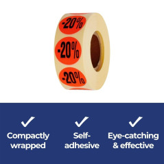 POKORNYS - Étiquettes promotionnelles « -20% » I Stickers pour marchandises à prix réduit I Lot de 1.000 autocollants de rabais