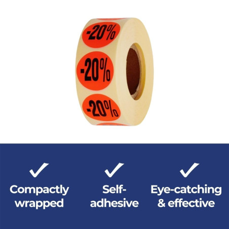 POKORNYS - Étiquettes promotionnelles « -20% » I Stickers pour marchandises à prix réduit I Lot de 1.000 autocollants de rabais