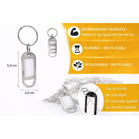 Porte-clés Métallique avec Étiquette à Écrire – Set Réutilisable, Étiquette Amovible et Protection Transparente – 5 Pièces pour