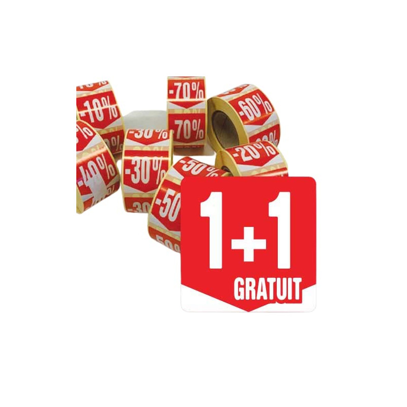 Affichesstore 30231 - Rouleau de 500 Étiquettes Autocollantes - Format carré 35x35mm - Finition brillante - Stickers "1+1 GRATUI