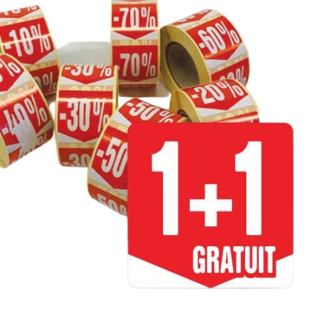 Affichesstore 30231 - Rouleau de 500 Étiquettes Autocollantes - Format carré 35x35mm - Finition brillante - Stickers "1+1 GRATUI
