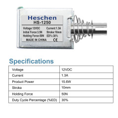 Heschen Électroaimant solénoïde, HS-1250, DC12V, 1.3A, 50N, 10mm course, tirer Type de traction, serrure de porte à cadre ouvert