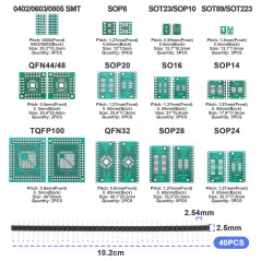 eMagTech 51pcs 12 Types CMS vers DIP Kit de Cartes d'adaptation SOP8 SOP10 SOP14 SOP16 SOP20 SOP24 SOP28 0402/0603/0805 SMT SOT8