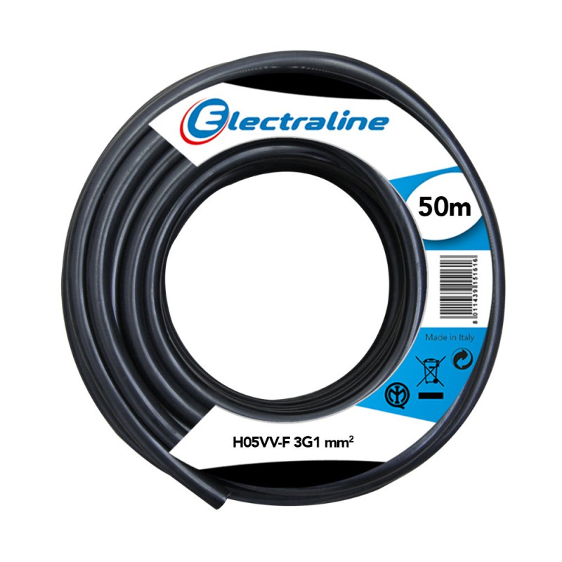Electraline 11703, Câble pour rallonges électriques, H05VV-F, Section 3G1 mm, Longueur 50 m, Noir Electraline 11703, Câble pour rallonges électriques, H05VV-F, Section 3G1 mm, Longueur 50 m, Noir
