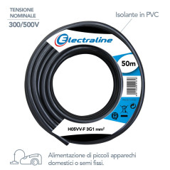 Electraline 11703, Câble pour rallonges électriques, H05VV-F, Section 3G1 mm, Longueur 50 m, Noir